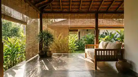 Tropical villa veranda in Sri Lanka shaded by natural bamboo Bata Palali blinds